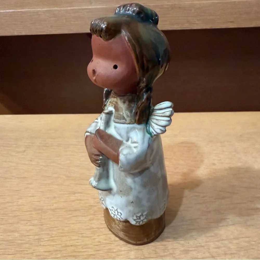Vintage Red Clay Pottery Angel Figurine with Flute Made in Japan